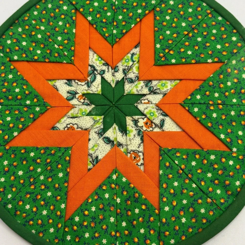 Vintage Handmade Quilted Folded Star Pot Holders Set of 2 Green Orange Brown 8